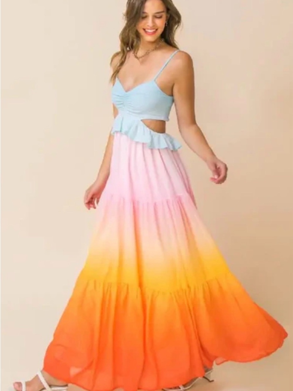 SHEIN Tiered Ombre Maxi Dress in Light Blue, Pink & Orange